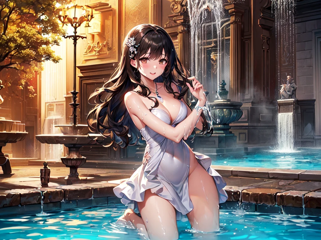 (Circular Pool:1.3、Empty Pool:1.3)、(Super beautiful CG、high resolution、highest quality)、(gentle smile、blush、medium chest、chest cut)、 (masterpiece:1.8)、((super quality))、((Ultra-detail illustration))、((stunning CG))、1 girl、(adult woman)、solo、medium long hair、(inwardly curled hair)、(black hair:1.2)、(brown eyes)、(Bewitching:1.3)、uneven skin、dress、(パーティーdress)、(白いdress)、necklace、(Silver hair ornament)、(Large fountain)、(Brown waterが出る噴水:1.8)、(lick your fingers:1.3)、(Stand in front of the fountain:1.5)、(Brown water:1.8)、(up to the knees:1.3)、(Melted chocolate:1.3)