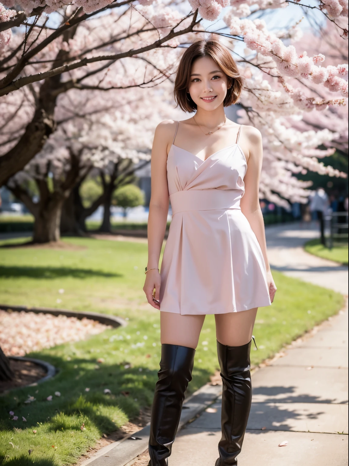 (RAW Photos:1.2), (Realistic:1.4),Beautiful detailed woman,非常にFine Eyesと顔, Fine Eyes, Very detailed,High resolution, Very detailed,highest quality,Awareness-raising,Unified,8k wallpaper,masterpiece,highest quality,1 female,alone,rich,Esbian all over,(Standard body shape),Thick legs,alone,(Red strap dress,Knee-high boots),jewelry, necklace ,short hair,A kind smile,A dignified atmosphere,black eye,Realistic,Hibiya Park , (Morning Park:1.1),(Stand upright:1.4)