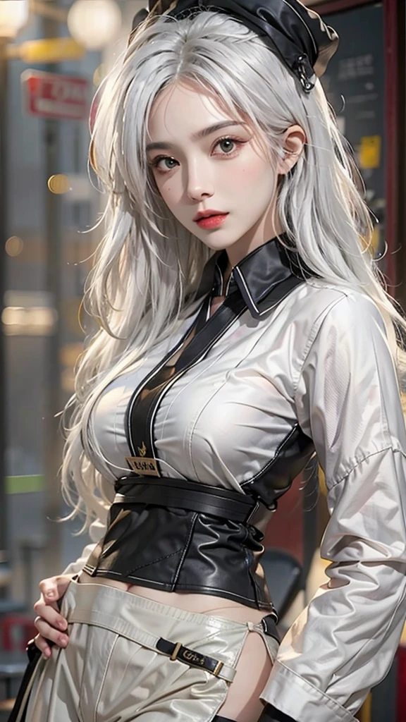 photorealistic, high resolution, 1women, solo, hips up, look at viewer, (detailed face), white hair, long hair, doctor outfit, stockings