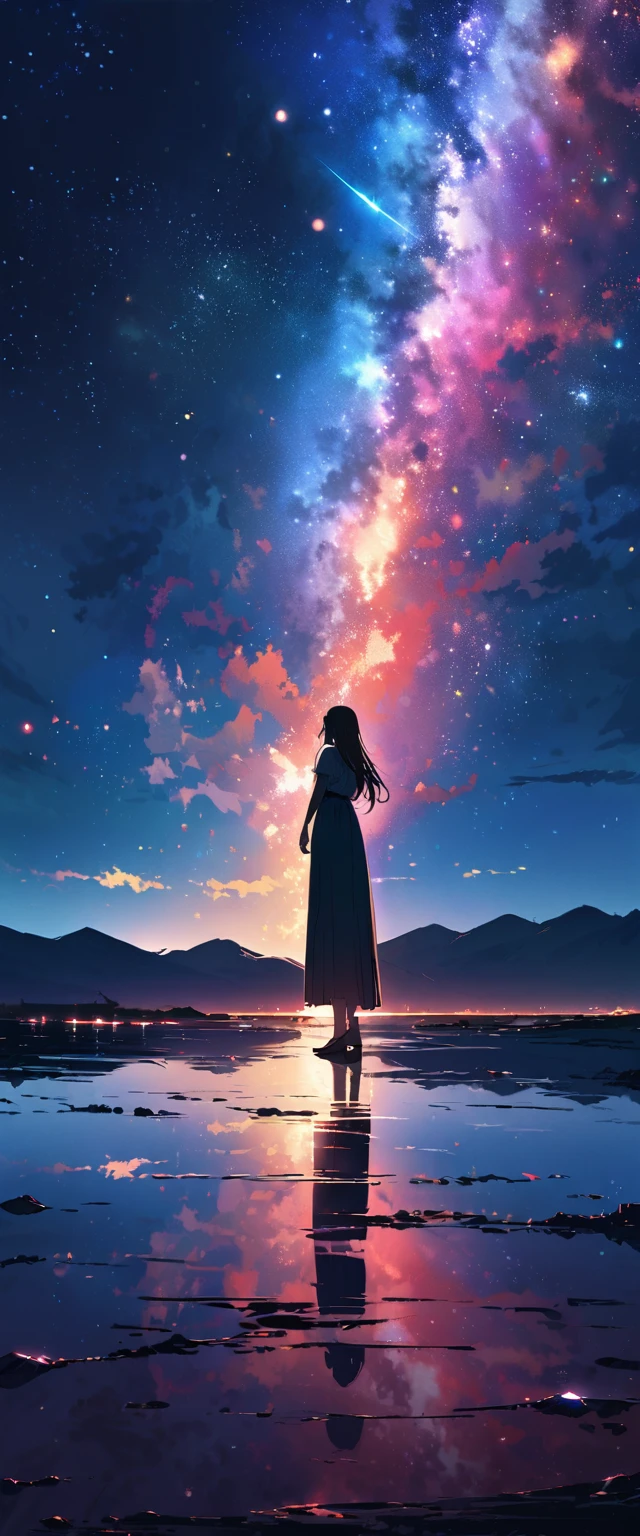 official art, unified 8k wallpaper, Super detailed,  masterpiece, best picture quality，super wide angle，night，a woman，Standing by the salt lake，The water is like a mirror，reflecting the sky。look up to the sky，The Milky Way is in the sky，Dynamic angle, grace, bright colors,
