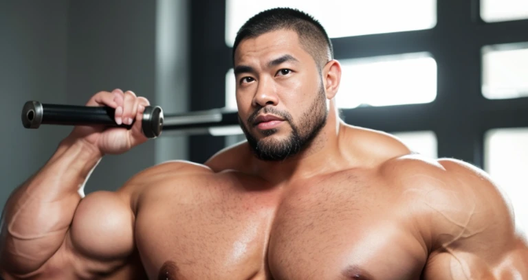 (tank top:1.4), (at gym:1.4), 40's, (Japanese face:1.4), (Korean face:1.4), (Chinese face:1.4), (Taiwanese face:1.4), manly face, fat face, (round face:1.4), (monolid eyes:1.2), (buzz cut:1.5), very large and strong body, bulky body, beefy muscles, (bulging muscles:1.4), (very large pectoral muscles:1.4), (muscular arms:1.4), muscular abs, muscular legs, muscular back, bright oily skin, (realistic:1.2), distant view