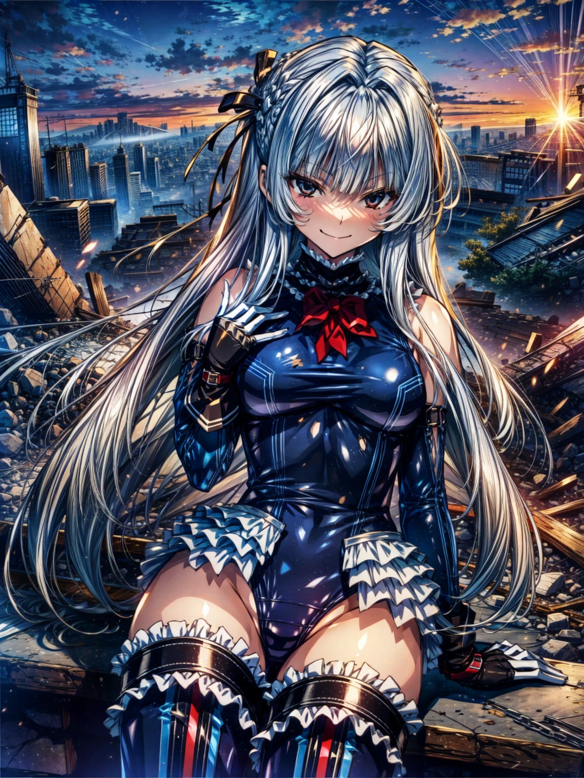 perfect anatomy, highest quality, marirose,evil smile,provocative attitude
,(Girls greet dawn on top of a pile of rubble:1.1),evil smile,anime style,(Torn frill swimsuit:1.9, Thighhighs, removed sleeve), (anime style:1.4) ,
silver hair,(White fingers:1.1,black gloves),very long hair,evil aura,Rape Eye,Torn costume:1.5