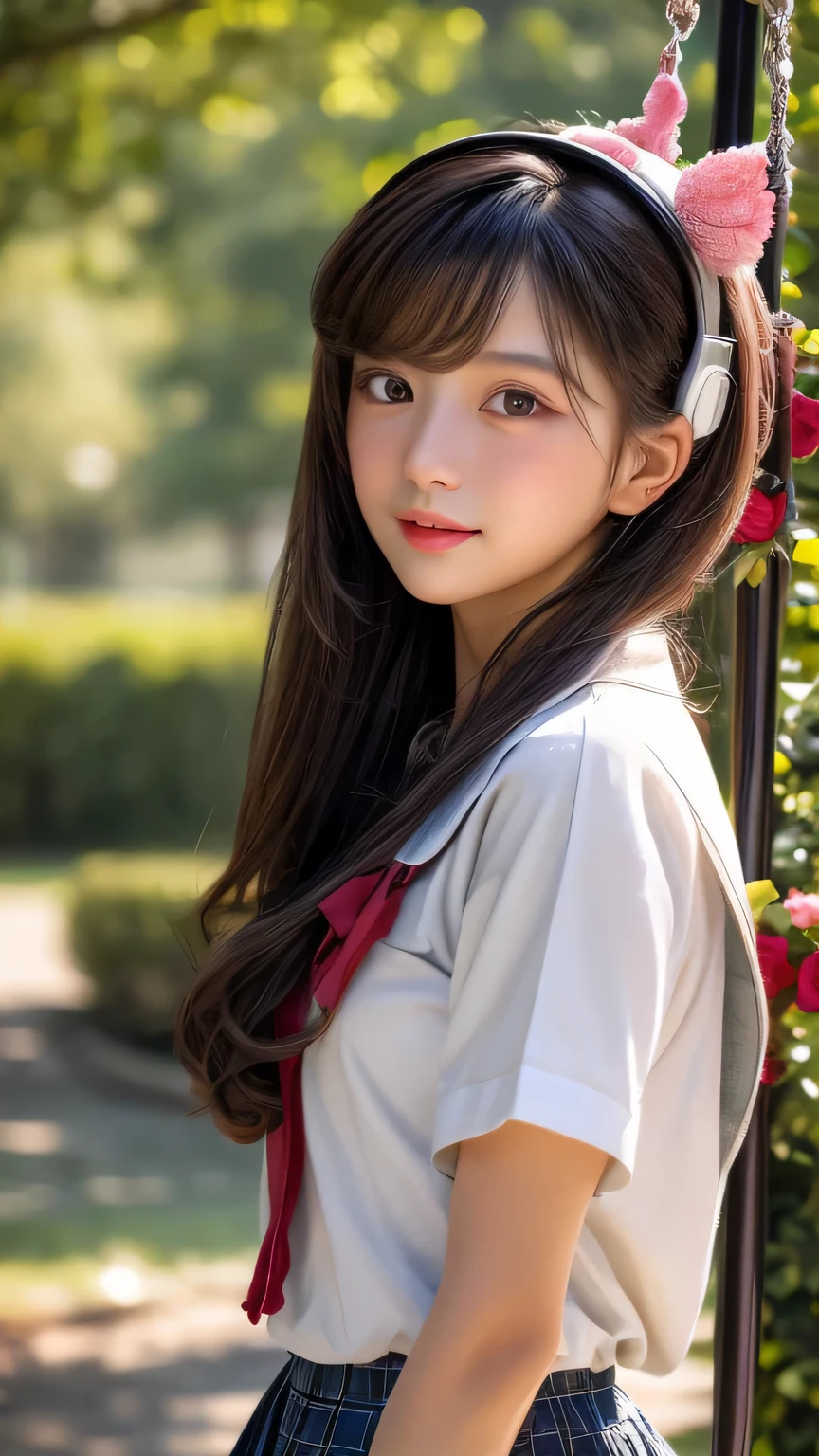 Dragon Ball bloomers, futuristic scene, Mechanically enhanced Japanese high school girl、Elegant in an elaborate garden. She has beautifully detailed eyes and lips that complement her face. high school girl。.uniform。.。.。.。.。.。14 year old girl.. Around her are bright チューリップ and a quiet carp pond. The scenes are drawn using a combination of illustration and photorealism, Rose,Highly detailed brush strokes and sharpness, bright colors. Lighting that highlights the elegance of the uniform, gives softness to the skin, porcelain shine。. Artwork is of the highest quality, Exquisite costume details on display, Rose, . The overall color scheme is、、、、、、、、、、、、、、traditional Japanese color combinations, crimson, wait., bus stop、sit on a swing、Headphones around the neck、Side view、Side view、whole body、cute clothes、from far away、Open the center、Big eyes、random pose、whole body、