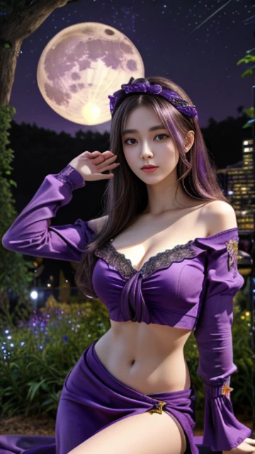 (8k, masterpiece, best quality), ultra-detailed, detailed beautiful round eyes, beautifully detailed face, high quality, high resolution, 1 girl, medium breast, (purple cloth:1.5), (bare waist:1.1), nighttime, full moon night garden background,