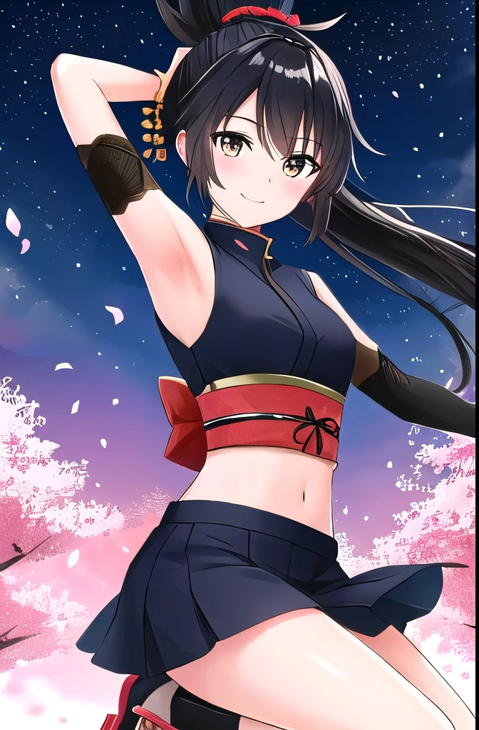 best quality, detailed, solo, looking at viewer, Kunoichi, samurai warriors, cowboy shot, blush, happy, black top, full body, wind, ponytail, black hair, perfect anatomy, Japan, flowers, trees, river, female ninja, midriff, pose, night