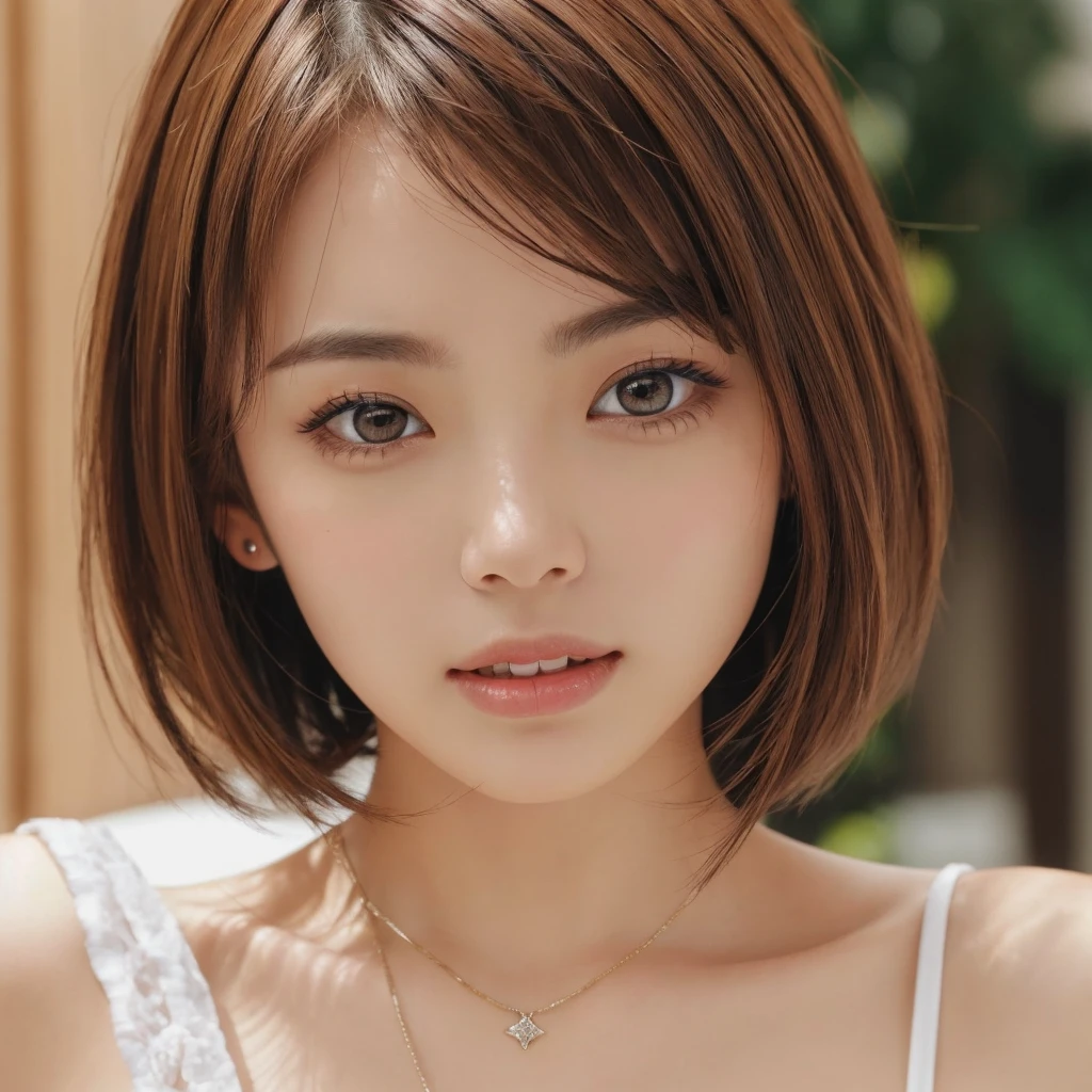 masterpiece、highest quality、High resolution、table top、wallpaper、realistic、bright lighting、professional lighting、face light、smooth lighting、japanese woman、adult、Beautiful woman、action、gravure、sexy、poor、super beautiful、beautiful skin、beautiful and detailed eyes、detailed face、slim、moderately、short hair、brunette colored hair、brown eyes、look at the camera、cleavage、(ecstasy:1.5)、(close up of face:2.0)