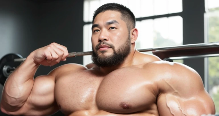 (tank top:1.4), (at gym:1.4), 40's, (Japanese face:1.4), (Korean face:1.4), (Chinese face:1.4), (Taiwanese face:1.4), manly face, fat face, (round face:1.4), (monolid eyes:1.2), (buzz cut:1.5), very large and strong body, bulky body, beefy muscles, (bulging muscles:1.4), (very large pectoral muscles:1.4), (muscular arms:1.4), muscular abs, muscular legs, muscular back, bright oily skin, (realistic:1.2), distant view