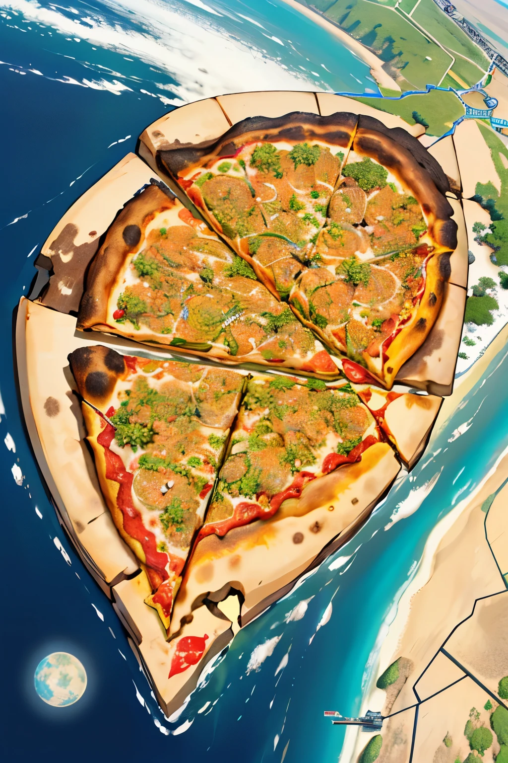 Once upon a time there was a fictional continent with all the flora and medieval cities, which took the shape of a small slice of pizza on a planet where only this single continent existed. estilo desenho rebuscado. como um mapa