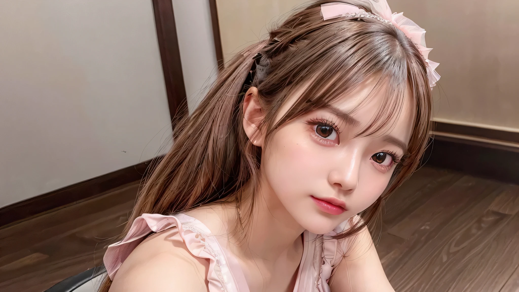 only one,One woman,Room at home, studying at a desk, sitting in a chair, reading a book,close up of face,blush,small breasts,14 years old,long hair ponytail,on stage,in the spotlight,((8K, Raw photo, best quality, muste piece:1.2), (Reality, photorealistic:1.4), (Highly detailed 8K wallpaper), Depth of the bounds written, cinematic lighting, soft light, detailed beauty eye,Shiny and smooth light brown ponytail, asymmetrical bangs, shiny skin, super detailed skin ,high resolution, high detail, detailed hairstyle, detailed beauty face, hyper real, perfect limbs, perfect anatomy ,1 Japanese girl,famous japanese idol, perfect female body,shy smile,short eyelashes,double-edged eyelids,look straight here,Hair style is ponytail、Pink colored long dress with lots of ruffles, softly shaped skirt, standing on stage,pink ribbon on head,She is wearing a skirt with lots of frills,pose is random,Neat clothes