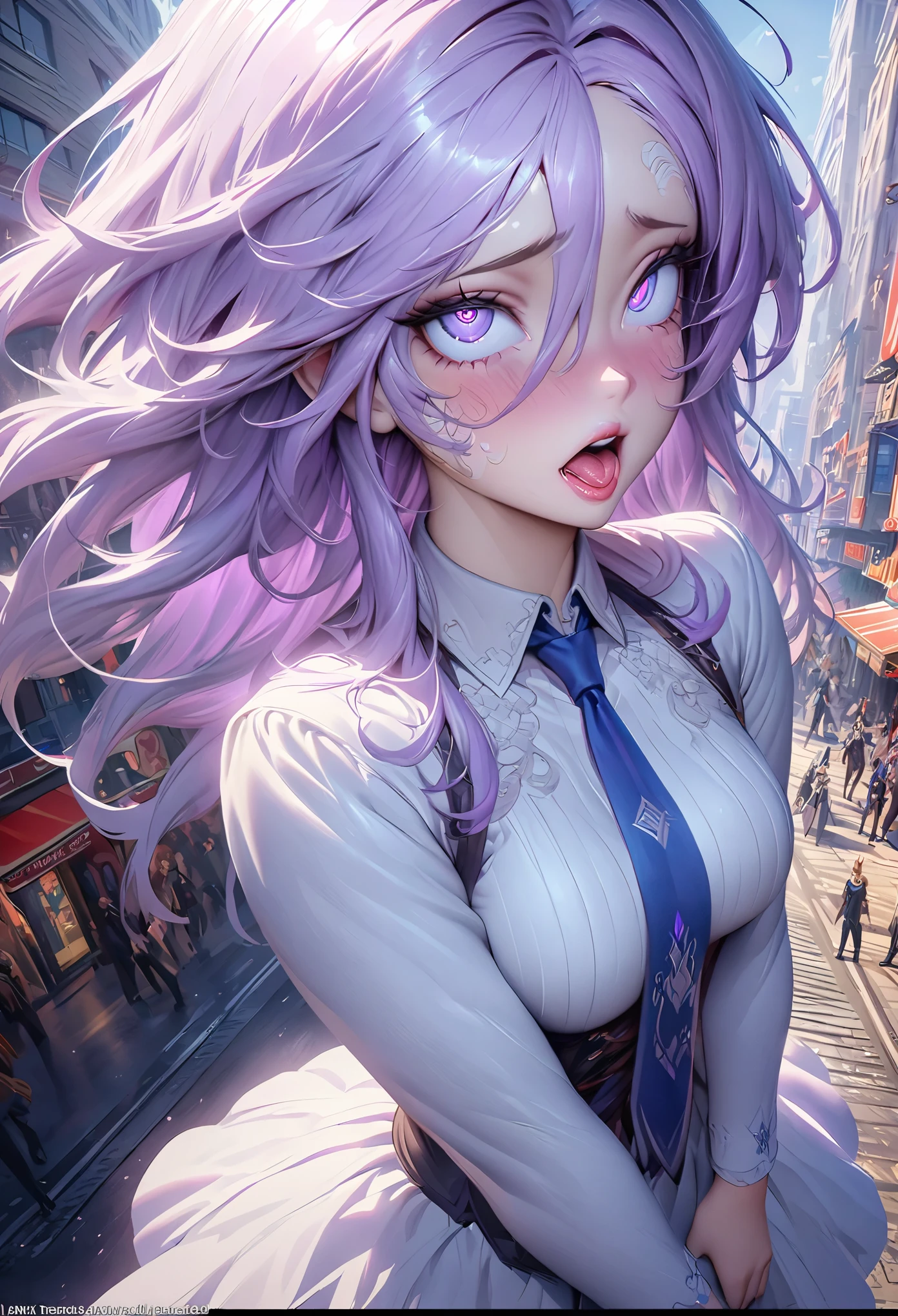 Anime girl with long hair and blue eyes standing on the city street, Hot Trends in ArtStation Pixiv, purple eyes, blue tie, fair (delicate eyes, Detailed face,) ahegao, Yuradev, Noble temperament, High heel, No watermark