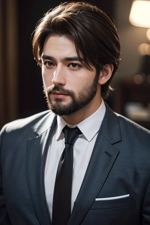 、brown haired boy、beard、in a suit and tie、A photo with a straight body and head, Turn to the side that looks at the photo, The eye is fixed on the lens, In the photo you can see the shoulders and head, Man in the center of the photo, 8K, highest quality, table top, realistic, realistic photo, cinematic pictures, ultra realistic, perfect lighting, DSRL, professional photos, 4K muscular