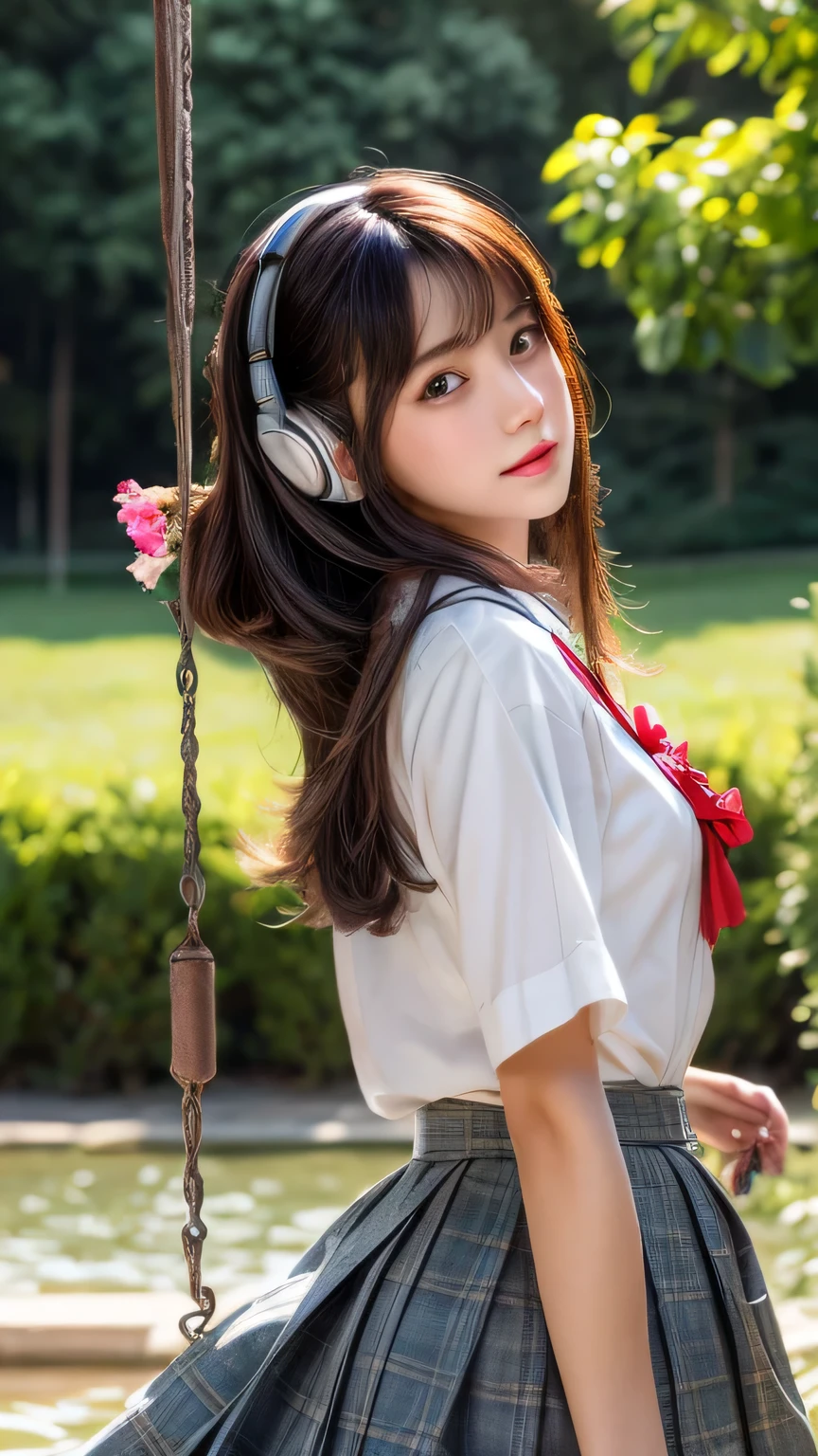 Dragon Ball bloomers, futuristic scene, Mechanically enhanced Japanese high school girl、Elegant in an elaborate garden. She has beautifully detailed eyes and lips that complement her face. high school girl。.uniform。.。.。.。.。.。 girl.. Around her are bright チューリップ and a quiet carp pond. The scenes are drawn using a combination of illustration and photorealism, Rose,Highly detailed brush strokes and sharpness, bright colors. Lighting that highlights the elegance of the uniform, gives softness to the skin, porcelain shine。. Artwork is of the highest quality, Exquisite costume details on display, Rose, . The overall color scheme is、、、、、、、、、、、、、、traditional Japanese color combinations, crimson, wait., bus stop、sit on a swing、Headphones around the neck、Side view、Side view、whole body、cute clothes、from far away、Open the center、Big eyes、random pose、whole body、
