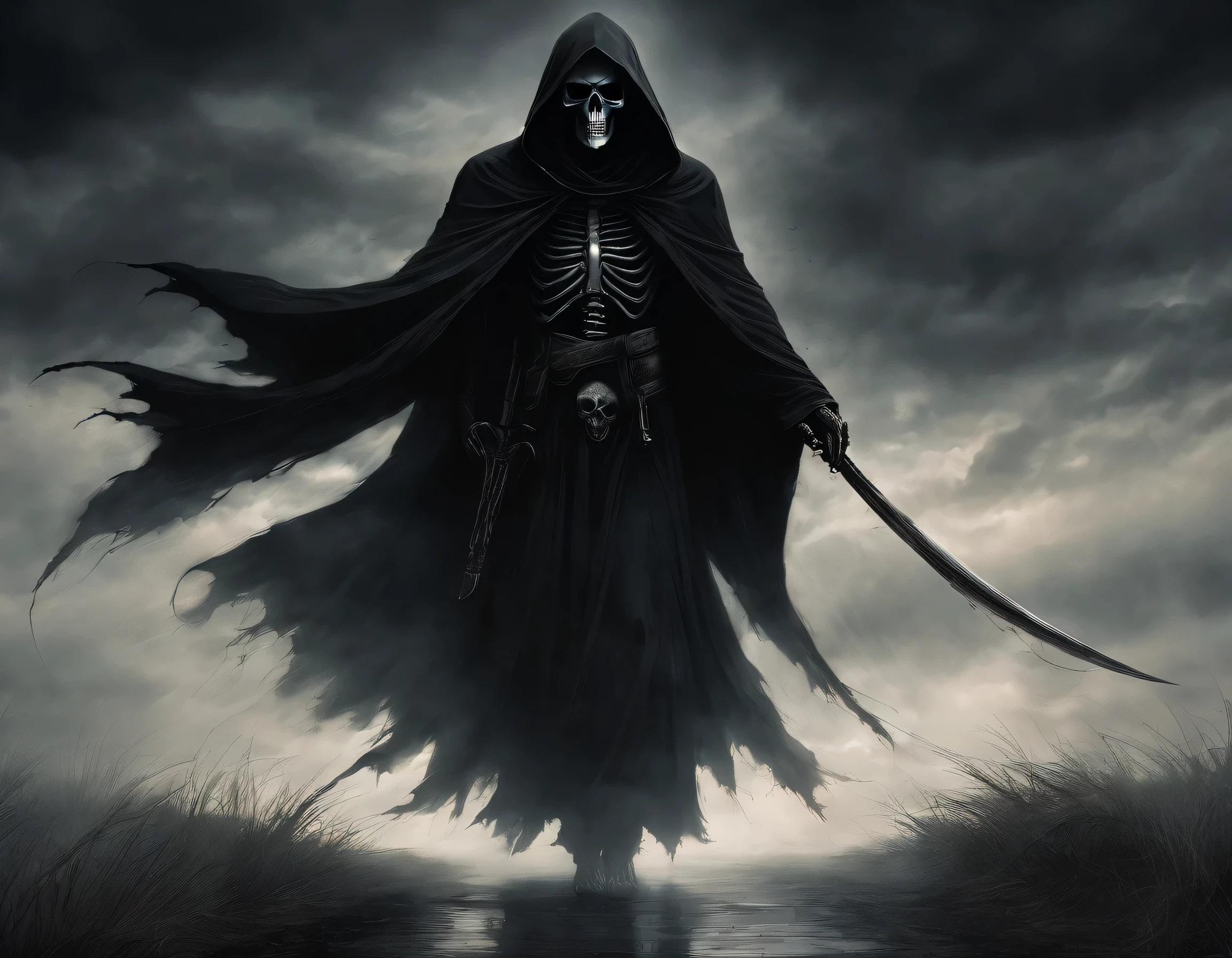 Title: "Grim Sentinel: The Reaper's Gaze"

Description:
Visualize a scene where the Grim Reaper, cloaked in shadows, stands as a silent sentinel of death. His hood obscures most of his skeletal face, with only the dim glow of his eyes piercing through the darkness. Despite his skeletal appearance, the outline of muscular sinew suggests a formidable presence beneath his robes.

The Reaper's head is pointed downward, adding an aura of menace and mystery to his demeanor. His bony fingers clutch a scythe, the blade gleaming with an ethereal light that casts eerie shadows across the scene.

Surround the Reaper with an atmosphere of foreboding, with wisps of mist curling around his feet and ghostly apparitions drifting in the background. The sky above is dark and ominous, with storm clouds gathering on the horizon.

Capture the essence of the Reaper's grim purpose, conveying a sense of inevitability and finality in his silent vigil. Despite his menacing appearance, there is an air of sorrow and solemnity to his presence, as if he is burdened by the weight of his eternal task.

Through careful use of lighting, shading, and texture, evoke a sense of depth and dimensionality in the Reaper's form, emphasizing the contrast between light and shadow to create a truly haunting image.