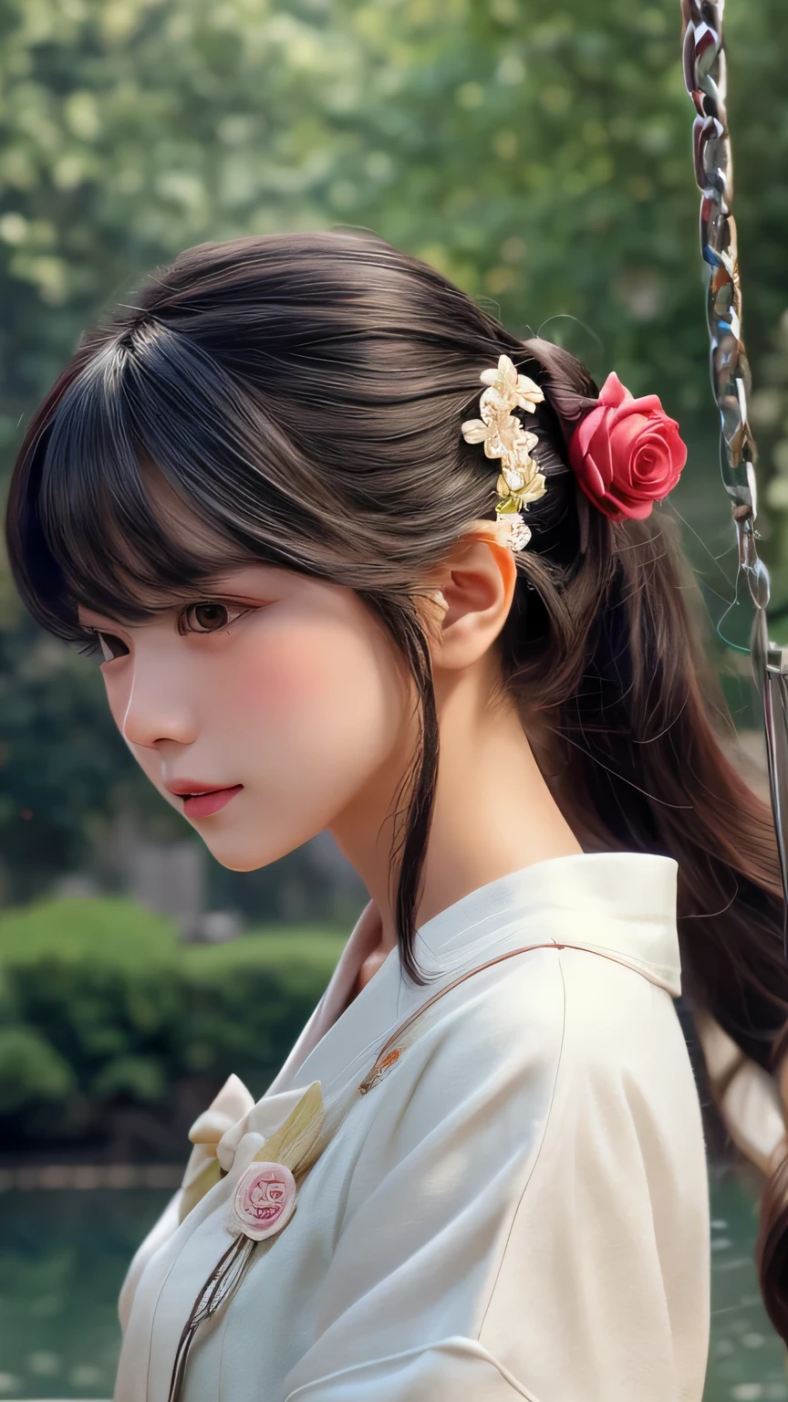 Dragon Ball bloomers, futuristic scene, Mechanically enhanced Japanese high school girl、Elegant in an elaborate garden. She has beautifully detailed eyes and lips that complement her face. high school girl。.uniform。.。.。.。.。.。14 year old girl.. Around her are bright チューリップ and a quiet carp pond. The scenes are drawn using a combination of illustration and photorealism, Rose,Highly detailed brush strokes and sharpness, bright colors. Lighting that highlights the elegance of the uniform, gives softness to the skin, porcelain shine。. Artwork is of the highest quality, Exquisite costume details on display, Rose, . The overall color scheme is、、、、、、、、、、、、、、traditional Japanese color combinations, crimson, wait., bus stop、sit on a swing、Headphones around the neck、Side view、Side view、whole body、cute clothes、from far away、Open the center、Big eyes、random pose、whole body、