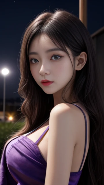 (8k, masterpiece, best quality), ultra-detailed, detailed beautiful round eyes, beautifully detailed face, high quality, high resolution, 1 girl, medium breast, (purple cloth:1.5), (bare waist:1.2), nighttime, half moon night garden background,