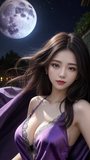 (8k, masterpiece, best quality), ultra-detailed, detailed beautiful round eyes, beautifully detailed face, high quality, high resolution, 1 girl, large breast, (purple cloth:1.5), (bare waist:1), nighttime, full moon night garden background,