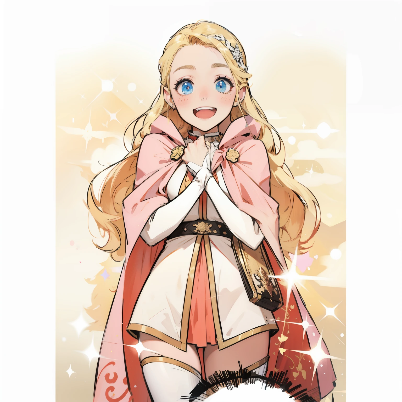 anime girl with a cat in her arms, edelgard fire emblem, edelgard from fire emblem, marin kitagawa fanart, blonde - haired princess, smiling as a queen of fairies, in a cloak with long hairs, demon slayer rui fanart, anime visual of a cute girl, ehime, pretty female cleric, official art, inspired by Li Chevalier, cores fortes, cores saturadas (colorido)