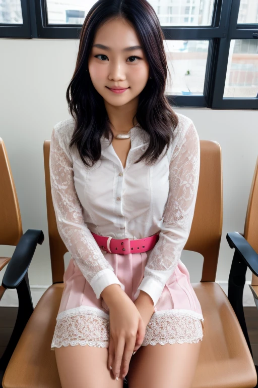 Young beautiful sweet Indonesian girl, 22 years old, slim body, slim thigh, short wavy hairs, go to the office, wearing white long sleeve buttoned thin dress, wearing knee long white skirt, wearing pink lacy transparent underwear, wearing high' heels, wearing belt, siting confidence  crossing up her legs on a chair in empty and scary waiting room,  serious face, she is waiting for the  interview  of job vacancy at the office, carry file bag, realistic, very detail, normal fingers shape, no cartoon,