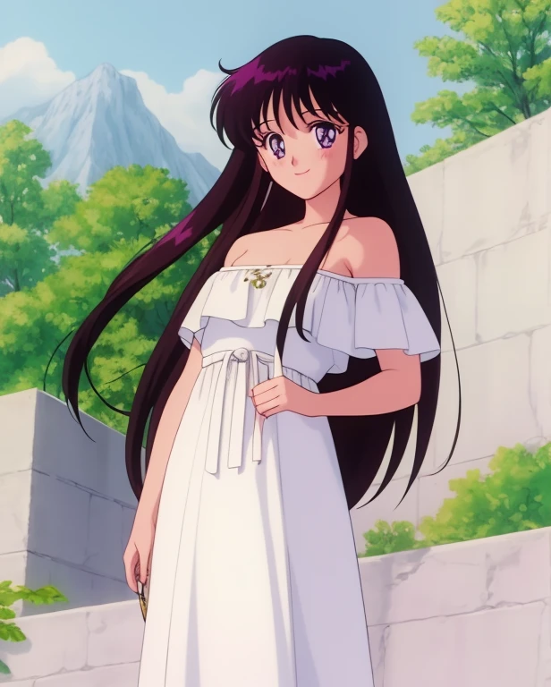 1990s \(style\), masterpiece, best quality, highres, outdoors, small breasts, 1 girl, Solo, ReiHino, Purple Eyes, Beautiful Detail Eyes, Long Black Hair, Good hands are down, Smile, Blushing, Bare Neck, Bare Shoulders, strapless, White Ruffle Off-the-Shoulder Top, White maxi dress. Cowboy shot. A landscape of blue skies and high mountains, and green valley. In the center. Standing near a wall, holding a epee sword