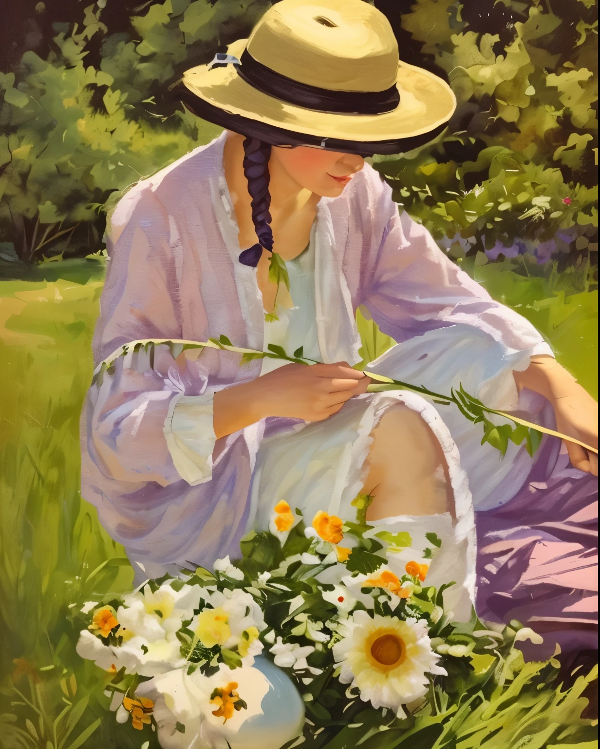 painting of a woman sitting in the grass with a basket of flowers, picking flowers, a beautiful painting, beautiful painting, painting of beautiful, inspired by Guy Rose, beautiful oil painting, she is the center of the garden, beautiful art, in the garden, sitting with flowers, by Gladys Kathleen Bell, detailed realism in painting, inspired by Jane Small, summer afternoon