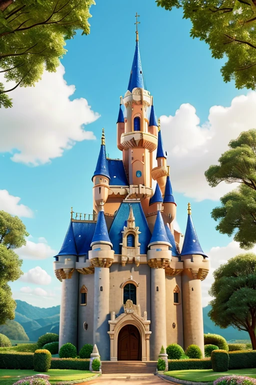 Estilo Cinderela, um lindo castelo, no alto da montanha, linda floresta, belas flores