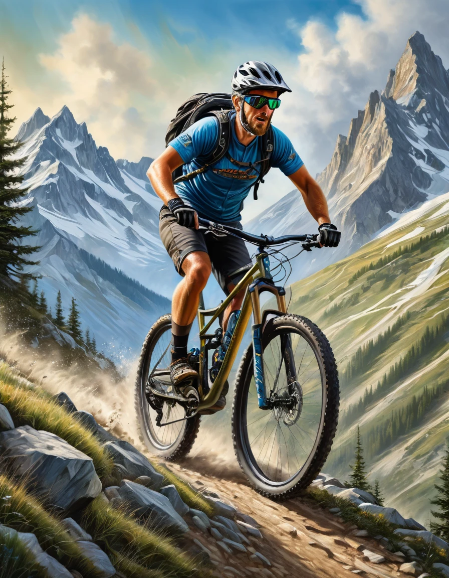 A Beautiful blondie fenale Extreme Trail Mountain Biker, detailed face, is pedaling up hill, insanely detailed and intricate Mountain scene background, in the style of photorealistic oil on canvas painting, Dramatic alpine background; adventure and inspiration motivation concept