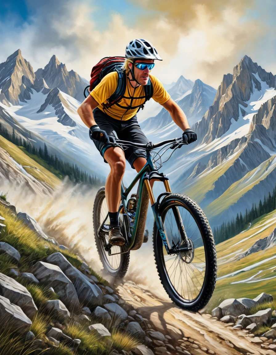 A Beautiful blondie fenale Extreme Trail Mountain Biker, detailed face, is pedaling up hill, insanely detailed and intricate Mountain scene background, in the style of photorealistic oil on canvas painting, Dramatic alpine background; adventure and inspiration motivation concept