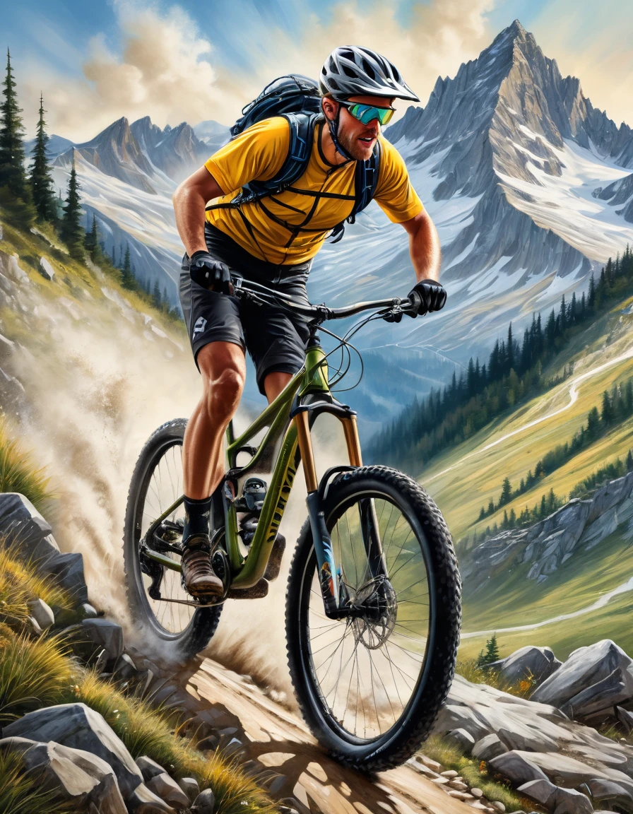 A Beautiful blondie fenale Extreme Trail Mountain Biker, detailed face, is pedaling up hill, insanely detailed and intricate Mountain scene background, in the style of photorealistic oil on canvas painting, Dramatic alpine background; adventure and inspiration motivation concept