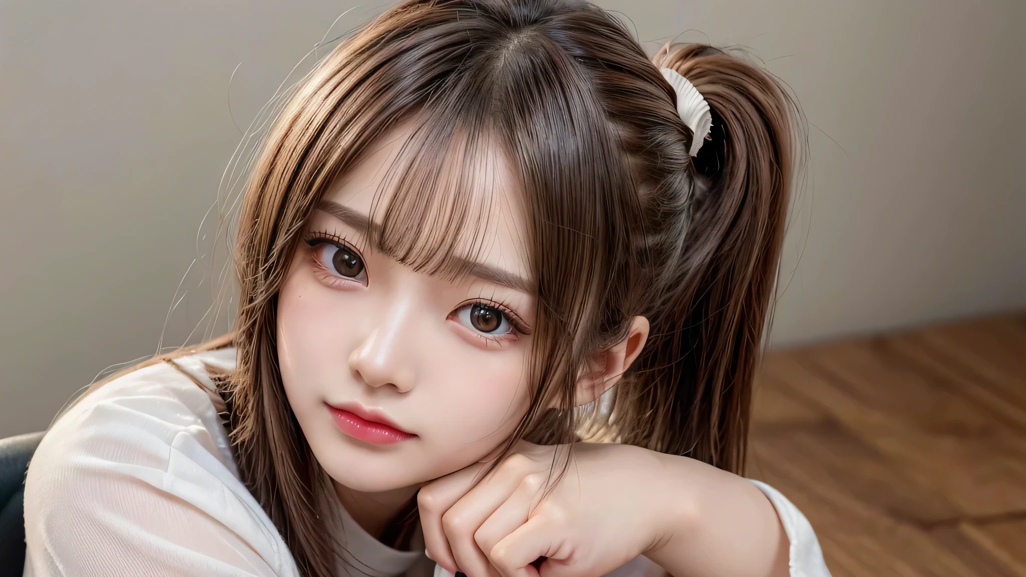 only one,One woman,Room at home, studying at a desk, sitting in a chair, reading a book,close up of face,blush,small breasts,14 years old,long hair ponytail,((8K, Raw photo, best quality, muste piece:1.2), (Reality, photorealistic:1.4), (Highly detailed 8K wallpaper), Depth of the bounds written, cinematic lighting, soft light, detailed beauty eye,Shiny and smooth light brown ponytail, asymmetrical bangs, shiny skin, super detailed skin ,high resolution, high detail, detailed hairstyle, detailed beauty face, hyper real, perfect limbs, perfect anatomy ,1 Japanese girl,famous japanese idol, perfect female body,shy smile,short eyelashes,double-edged eyelids,look straight here,Hair style is ponytail、Neat clothes