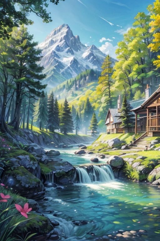 The exquisite beauty of houses and nature:1.1, painting, professional, bright colors, soft light, landscape, Detailed trees, colorful flowers, flowing river, majestic mountains, breeze, clear blue sky, sunlight through leaves, Vibrant shades, natural tranquility, Lush green plants,