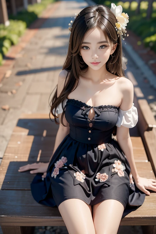 Sweet girl clothes 4,strapless dress,jewelry, robber girl, red lips, mature woman, compensate, Big eyes, cute eyes, ((full body)), ((random shooting angle)), (highest quality, masterpiece:1.2), Super detailed, (realistic:1.37), 美New, like々New, glamorous model (fine eyes, lip details, extremely fine eyes), in white and flower colors, Show me a bright smile, Create breathtaking depictions of young girls, warm tones, very high color saturation, official art, Highly detailed CG integrated 8k wallpaper,(high dynamic range :1.4), (cinematic),(soft colors, dull color, soothing tone :1.3), (natural skin texture, ultra-realistic, soft light, sharp),(非常に詳New), night, moonlight, at the antique pavilion, sit on a bench leaning against the guardrail