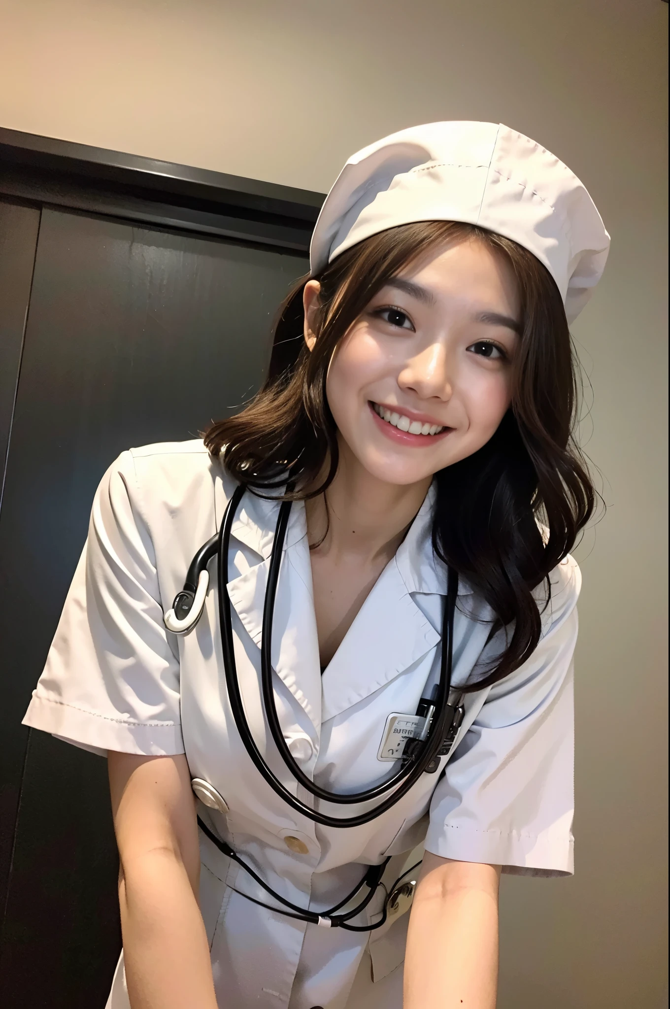 (top-quality、tmasterpiece、movie lighting、)、The sins of Japanese beauties、Glossy reddish-brown shorthair、hair pin、Disheveled hair、Floating hair、beauitful face、Slouched、squatt、(Nurse、White nurse uniform、Nurse hat、Wrap the stethoscope around your neck、)、Beautiful smooth breasts、Hourglass body、Attract the smile of the audience、looks into camera、Knock down the photographer，Speak with your crotch、Video from below、Hospital Rooms、close face、shiny skins、Bold sexy pose、Beautiful Finger、