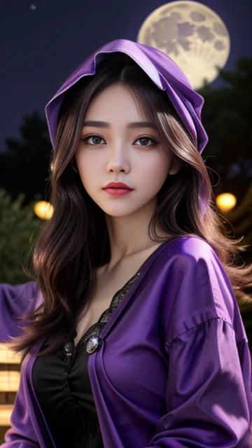 (8k, masterpiece, best quality), ultra-detailed, detailed beautiful round eyes, beautifully detailed face, high quality, high resolution, 1 girl, medium breast, (purple cloth:1.5), nighttime, full moon night garden background,