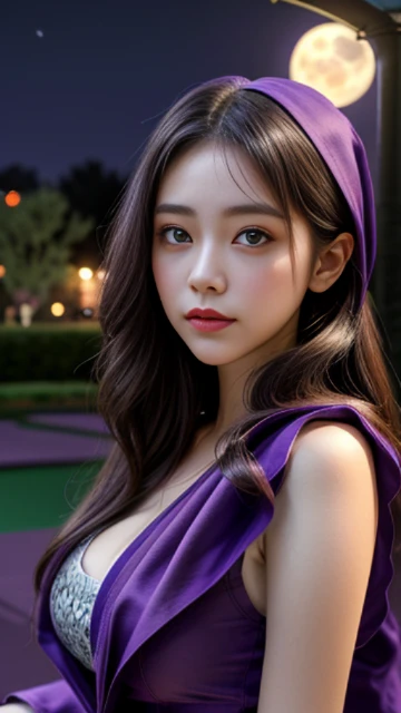 (8k, masterpiece, best quality), ultra-detailed, detailed beautiful round eyes, beautifully detailed face, high quality, high resolution, 1 girl, medium breast, (purple cloth:1.5), nighttime, full moon night garden background,