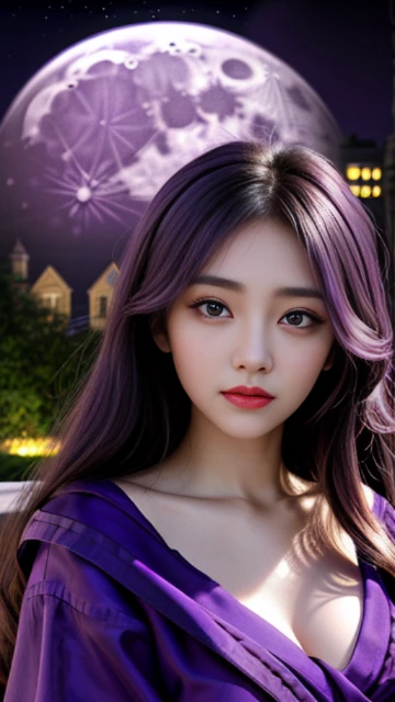 (8k, masterpiece, best quality), ultra-detailed, detailed beautiful round eyes, beautifully detailed face, high quality, high resolution, 1 girl, medium , (purple cloth:1.5), nightt, full moon night gar background,
