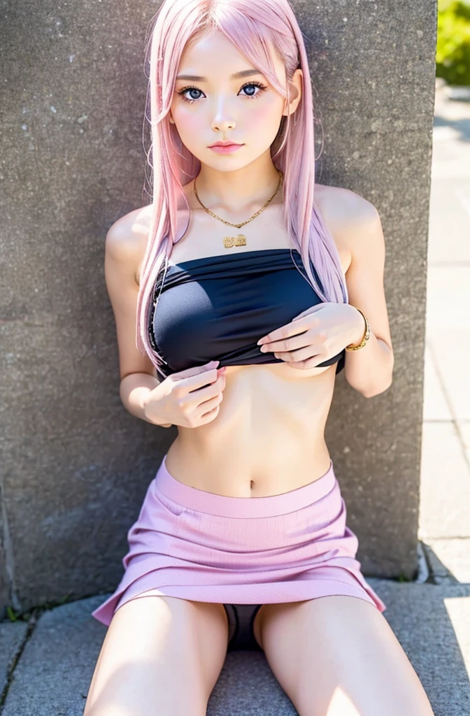 ((skirt lift:1.3)),((Pink platinum hair:1.15)),((Panty shot:1.3)),Japanese gal style makeup,gold necklace, gold bracelet, gold belt, {{Low-rise skirt with slit}}, plaid pleated skirt, {{{へそ length white shirt}}}, {{{{Shirt tied under the chest}}}}, socks, long hair,1 girl,(highest quality,4k,8K,High resolution,masterpiece:1.2),1 beautiful woman,18-year-old,35mm lens,f/1,considerable breasts,soft sunlight,bright colors,playful expression