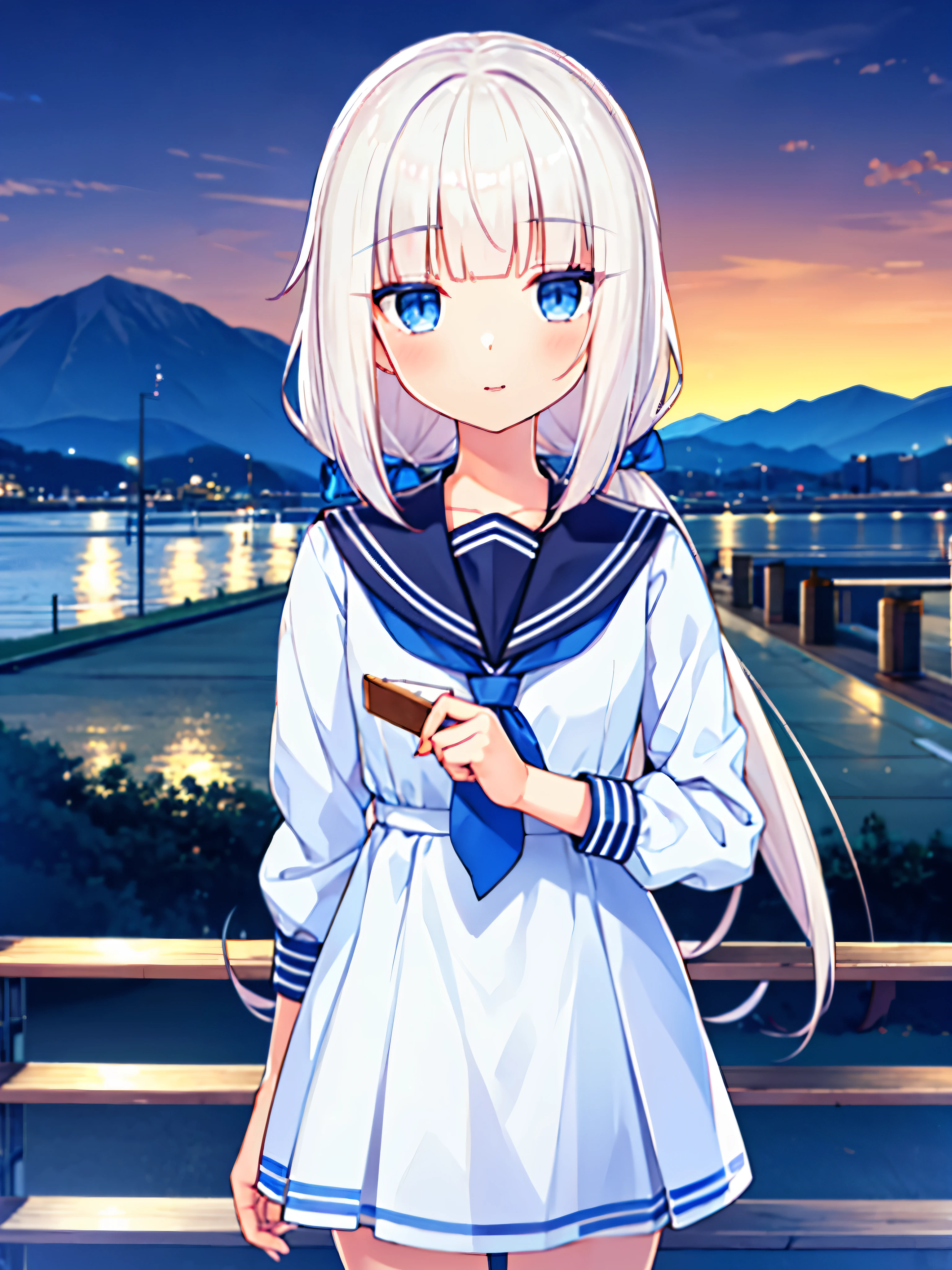 1 girl white hair blue eyes sailor  holding a birthday cake in hands excellent quality with beautiful landscape background midnight at school