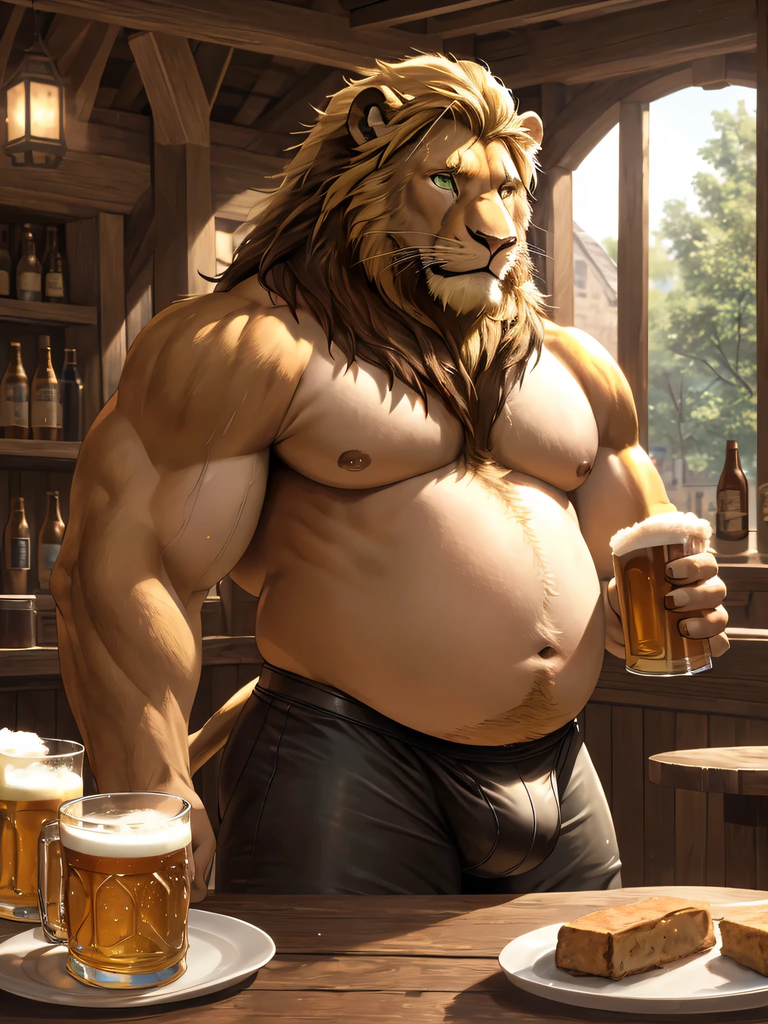 (best quality,4k,8k,highres,masterpiece:1.2),ultra-detailed,(realistic,photorealistic,photo-realistic:1.37),lion,anthropomorphic,big blonde mane,green eyes,muscular body,round and chubby belly,tight-fitting medieval-style underwear,bare chest,alone in a tavern,with a beer