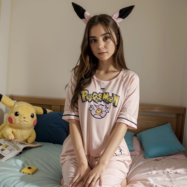 girl 26 years old, vestidas con pijama, pijama de pokemon, italiana, carlota bombardi, pecho mediano, pijama pikachu