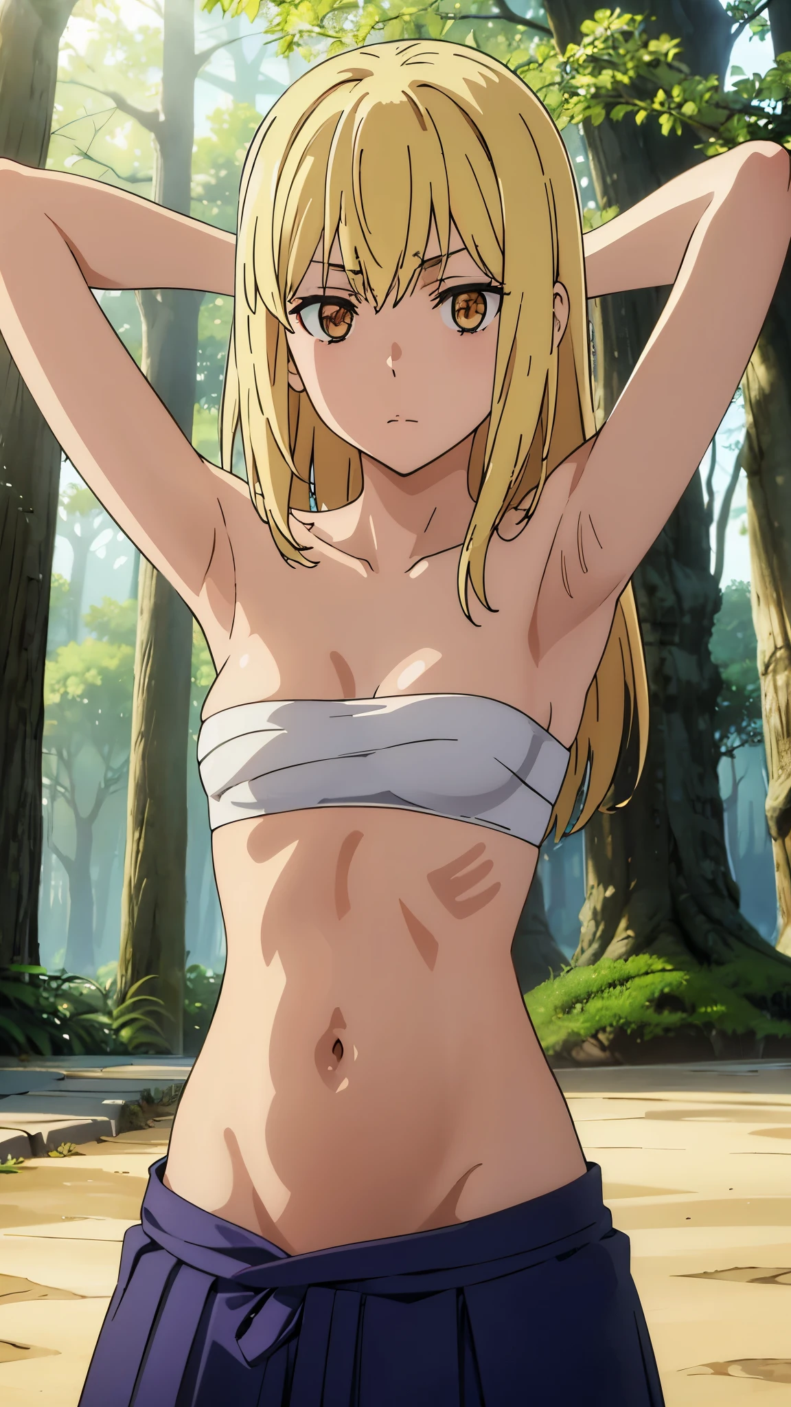 masterpiece, highres, solo, 8k, detailed, perfect face, best quality, (ultra high quality), (looking at viewers), (armpit), collarbone, bare arms, medium breast, cleavage, blonde hair, long hair, golden eyes, belly, stomach, navel, abs, sarashi chest, bandaged breast, (red hakama), slim body, upper body, emotionless, flat face, closed mouth, at forest, hand up 