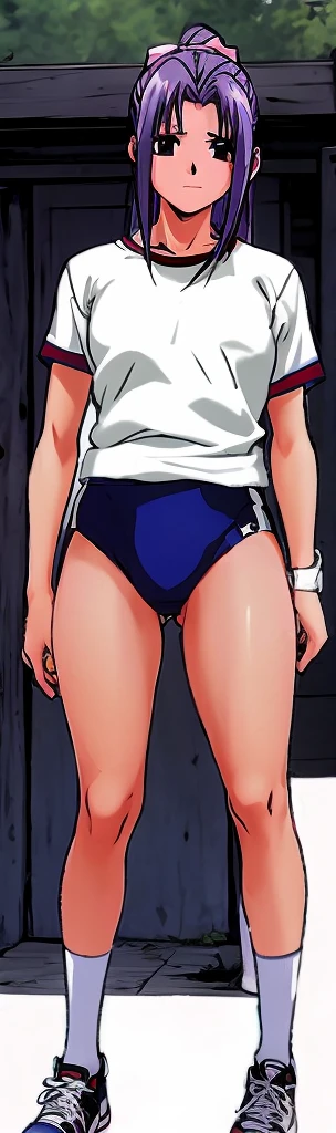 Momoko Koigakubo, who is tall and has beautiful legs, is standing with her legs spread to the side and her mouth open, wearing white gym clothes and light blue panty-shaped bloomers.。Doing Comanechi pose。blush。