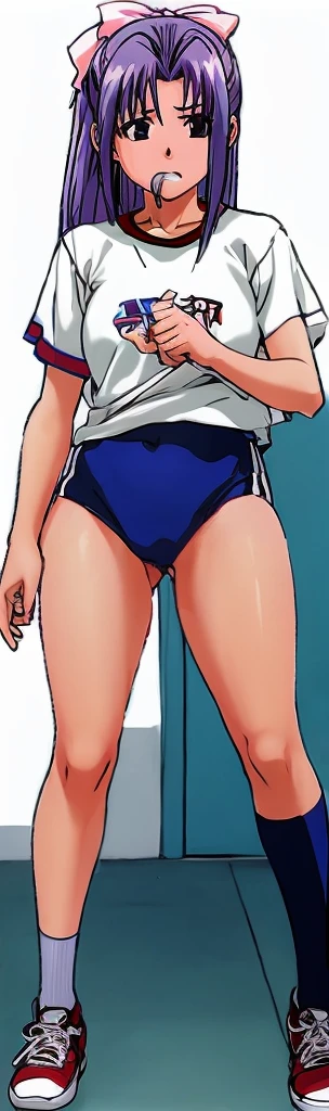 Momoko Koigakubo, who is tall and has beautiful legs, is standing with her legs spread to the side and her mouth open, wearing white gym clothes and light blue panty-shaped bloomers.。Doing Comanechi pose。blush。