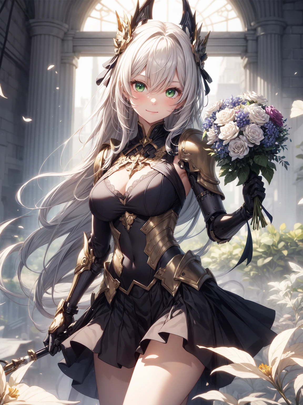 Be realistic,(masterpiece,Highest quality,Highest quality,Very detailed,Fractal Art,Most detailed,(Flower field background:1.5)(1 Girl),Kamimei,(Hair length),(Green eyes glowing、Your breasts will get bigger,Stunned),crystallization,sexy、Machinery Armor、Sunburned skin、(holding a bouquet of flowers in both hands:1.3)、break, (holding a bouquet:1.3),(mini skirt)、A kind smile
