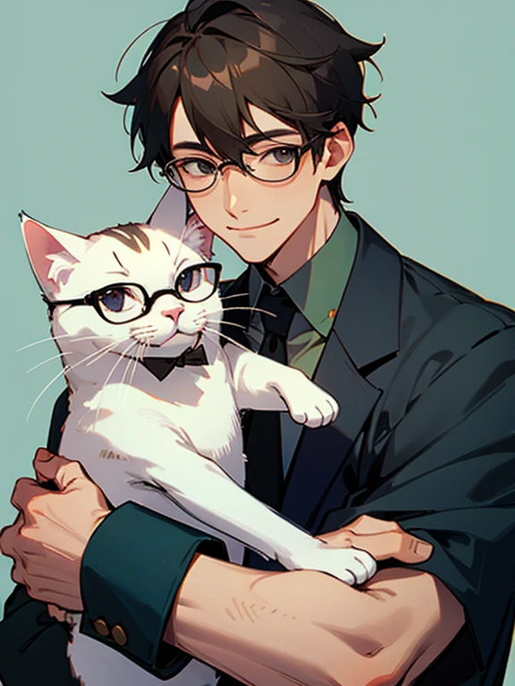 highest quality、A man wearing glasses holding a cat、gentle smile