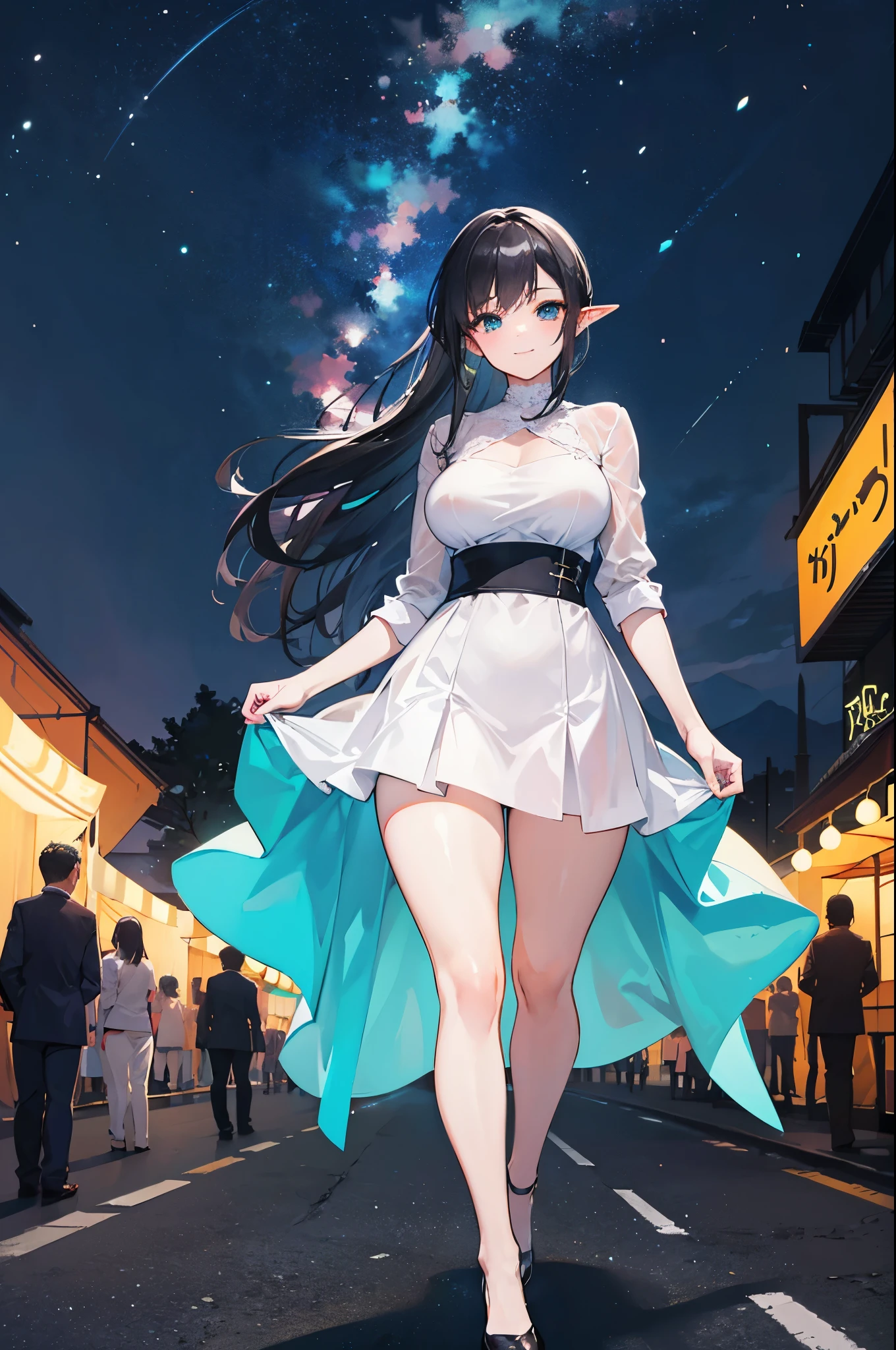 Realistic image, coherent image, detailed image, from 1 elf. Wear a short white dress, short skirt. She has black hair, long hair. Turquoise eyes, and long eyelashes. She has a curvy body, medium breasts, thick thighs. She is at night with a starry sky. She is walking through a festival, smiling happily. View from behind. Dramatic shadows, atmospheric lighting, natural lighting. ISO:100, F1.4,