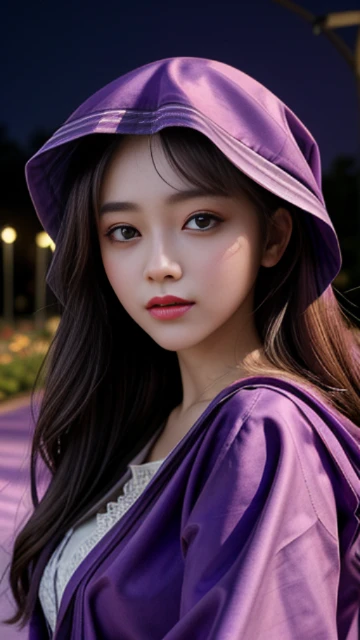(8k, masterpiece, best quality), ultra-detailed, detailed beautiful round eyes, beautifully detailed face, high quality, high resolution, 1 girl, medium breast, (purple cloth:1.5), nighttime, full moon night garden background,