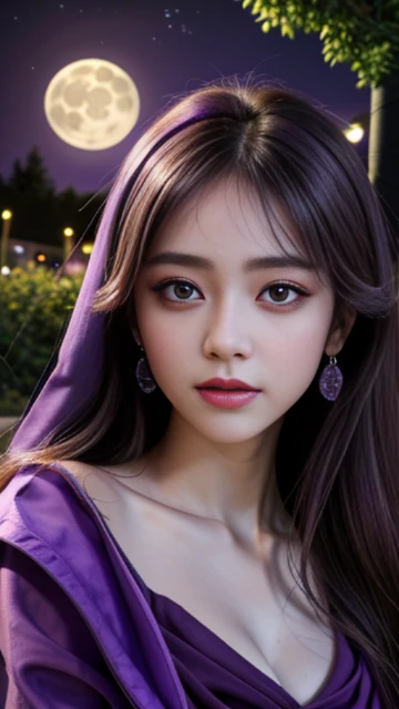 (8k, masterpiece, best quality), ultra-detailed, detailed beautiful round eyes, beautifully detailed face, high quality, high resolution, 1 girl, medium breast, (purple cloth:1.5), nighttime, full moon night garden background,