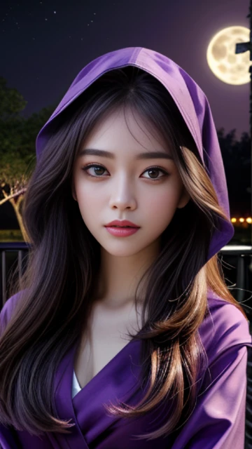 (8k, masterpiece, best quality), ultra-detailed, detailed beautiful round eyes, beautifully detailed face, high quality, high resolution, 1 girl, medium breast, (purple cloth:1.5), nighttime, full moon night garden background,