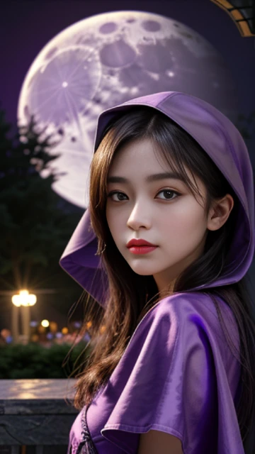 (8k, masterpiece, best quality), ultra-detailed, detailed beautiful round eyes, beautifully detailed face, high quality, high resolution, 1 girl, medium breast, (purple cloth:1.5), nighttime, full moon night garden background,