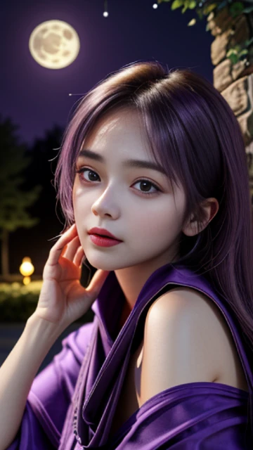 (8k, masterpiece, best quality), ultra-detailed, detailed beautiful round eyes, beautifully detailed face, high quality, high resolution, 1 girl, medium breast, (purple cloth:1.5), nighttime, full moon night garden background,